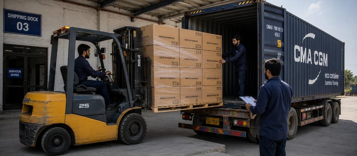 Export logistics handoff with palletized cartons at Akam Textile