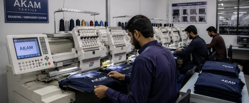 Embroidery and branding station at Akam Textile